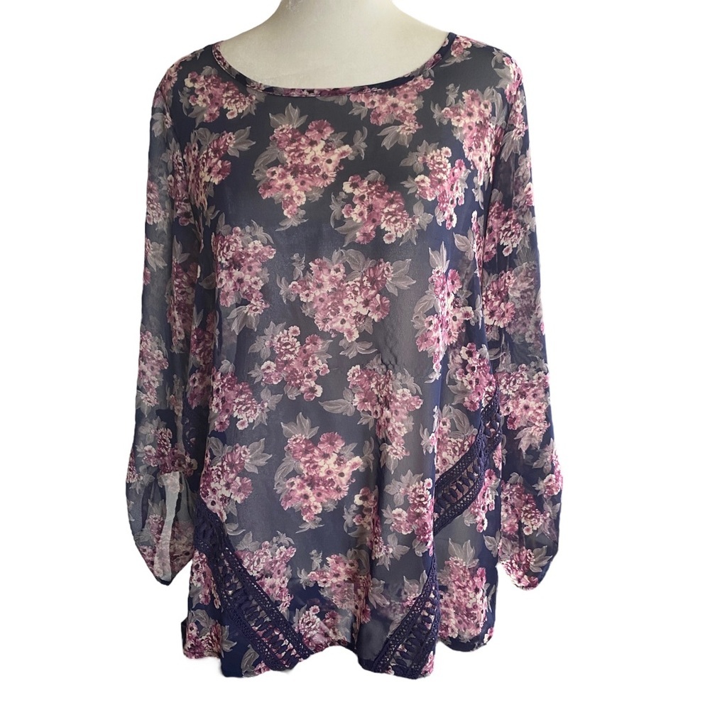 Papermoon women's size M sheer blue and pink floral blouse with button sleeves